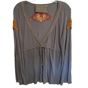 GREEN by Green Dragon Embroidered Top Womens Large Gray V-Neck Modal Boho Soft
